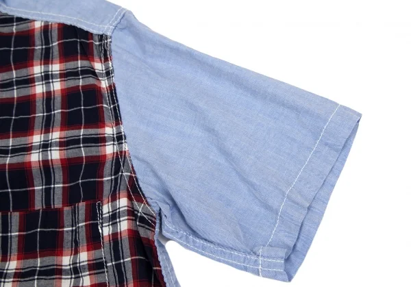 コムデギャルソン オムCOMME des GARCONS HOMME フロントチェック切替パッカリング半袖シャツ 水色紺S K-101916_006