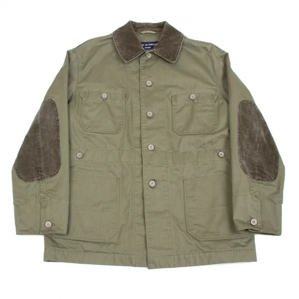 新品!コムデギャルソン オムCOMME des GARCONS HOMME コーデュロイパッチ衿ヘリンボーン柄カバーオール カーキXS K-102039_001