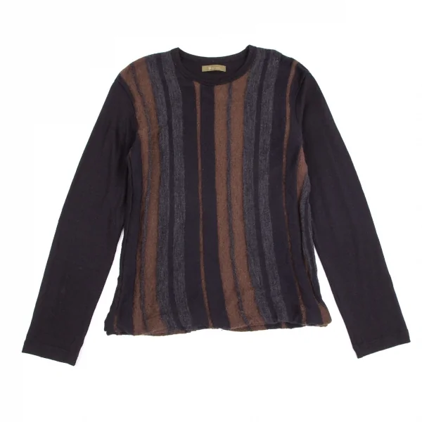 ワイズフォーメンY's for men モヘヤ混ダブルフェイスストライプニットセーター 紺茶グレー3 K-102064_001