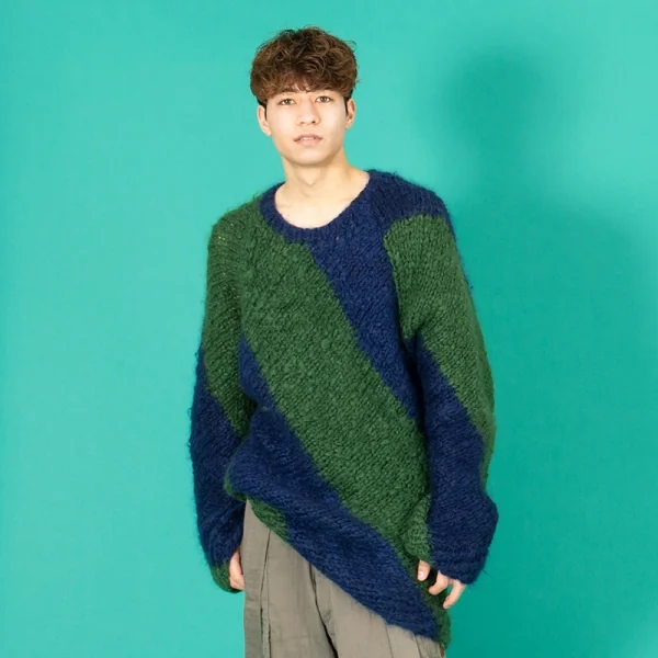 ワイズフォーメンY's for men モヘヤウール配色切替ロングニットセーター 緑青3 K-102067_011