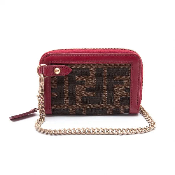フェンディFENDI ズッカ柄チェーンコインケース 赤茶 K-102092_001