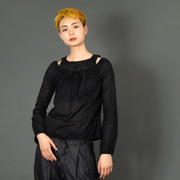 ジャンポールゴルチエJPG フロントリボン絞りデザインオフショルダーシースルートップス 黒40 K-102143_016