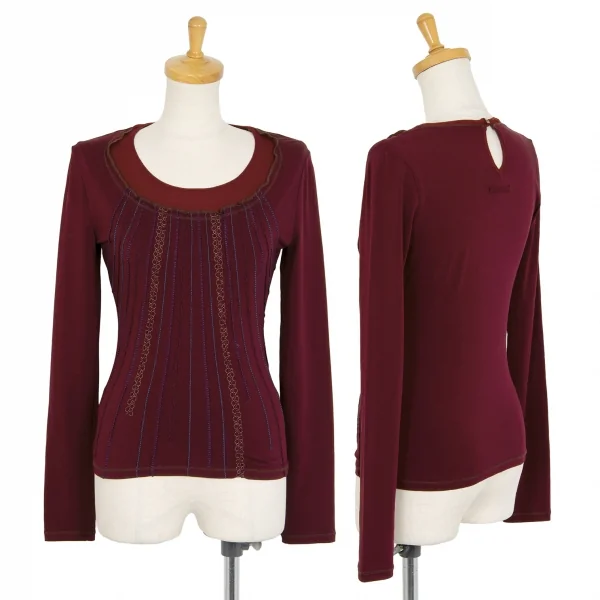 ジャンポールゴルチエJean Paul GAULTIER ランダム刺繍フリルストレッチカットソー ワインレッド40 K-102145_001