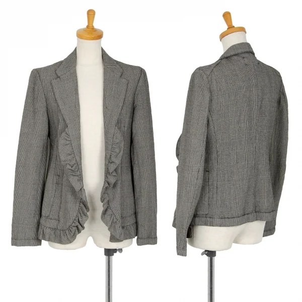 ローブドシャンブル コムデギャルソンrobe de chambre COMME des GARCONS グレンチェックボタンレスフリルジャケット グレー黒M位 K-102187_001