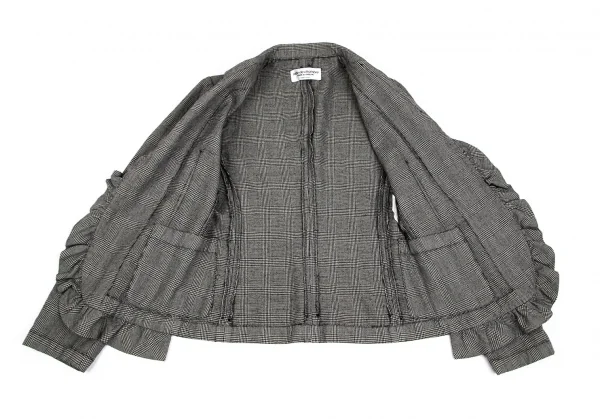 ローブドシャンブル コムデギャルソンrobe de chambre COMME des GARCONS グレンチェックボタンレスフリルジャケット グレー黒M位 K-102187_012