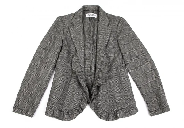 ローブドシャンブル コムデギャルソンrobe de chambre COMME des GARCONS グレンチェックボタンレスフリルジャケット グレー黒M位 K-102187_002