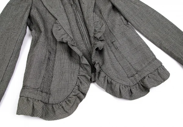 ローブドシャンブル コムデギャルソンrobe de chambre COMME des GARCONS グレンチェックボタンレスフリルジャケット グレー黒M位 K-102187_009