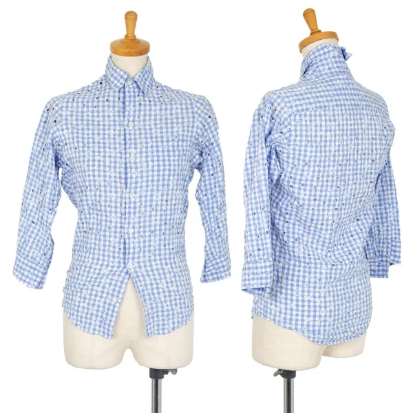 ジュンヤワタナベ コムデギャルソンJUNYA WATANABE COMME des GARCONS フラワーエンブロイダリーレースギンガムチェック七分袖シャツ 水色白S K-102209_001