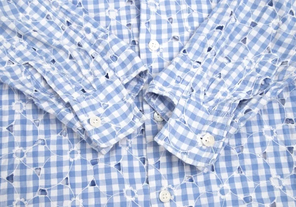 ジュンヤワタナベ コムデギャルソンJUNYA WATANABE COMME des GARCONS フラワーエンブロイダリーレースギンガムチェック七分袖シャツ 水色白S K-102209_010