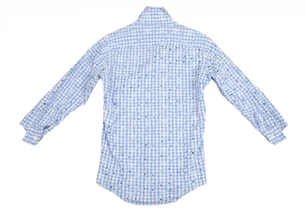 ジュンヤワタナベ コムデギャルソンJUNYA WATANABE COMME des GARCONS フラワーエンブロイダリーレースギンガムチェック七分袖シャツ 水色白S K-102209_014