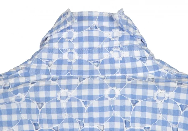 ジュンヤワタナベ コムデギャルソンJUNYA WATANABE COMME des GARCONS フラワーエンブロイダリーレースギンガムチェック七分袖シャツ 水色白S K-102209_015