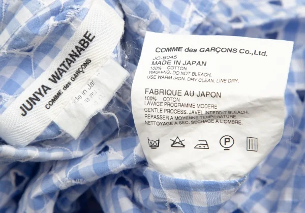 ジュンヤワタナベ コムデギャルソンJUNYA WATANABE COMME des GARCONS フラワーエンブロイダリーレースギンガムチェック七分袖シャツ 水色白S K-102209_018