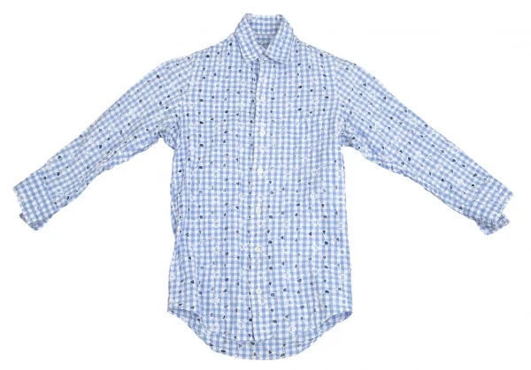 ジュンヤワタナベ コムデギャルソンJUNYA WATANABE COMME des GARCONS フラワーエンブロイダリーレースギンガムチェック七分袖シャツ 水色白S K-102209_002