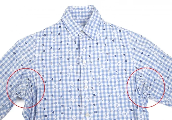 ジュンヤワタナベ コムデギャルソンJUNYA WATANABE COMME des GARCONS フラワーエンブロイダリーレースギンガムチェック七分袖シャツ 水色白S K-102209_003