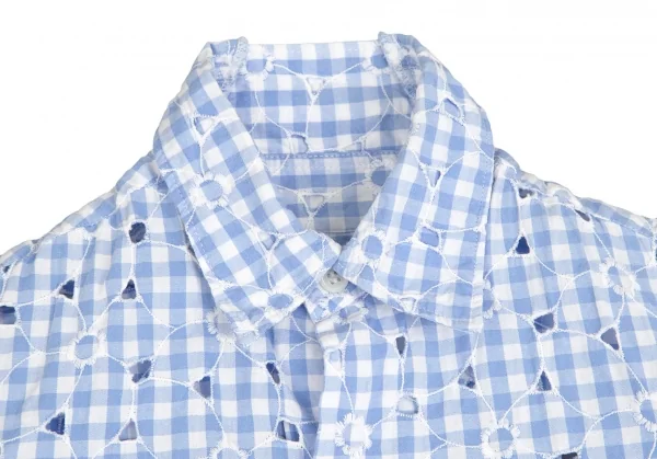 ジュンヤワタナベ コムデギャルソンJUNYA WATANABE COMME des GARCONS フラワーエンブロイダリーレースギンガムチェック七分袖シャツ 水色白S K-102209_006