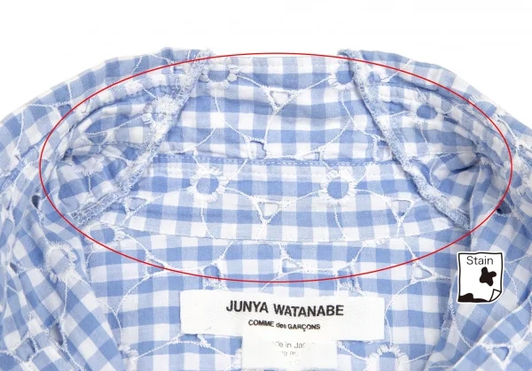 ジュンヤワタナベ コムデギャルソンJUNYA WATANABE COMME des GARCONS フラワーエンブロイダリーレースギンガムチェック七分袖シャツ 水色白S K-102209_008