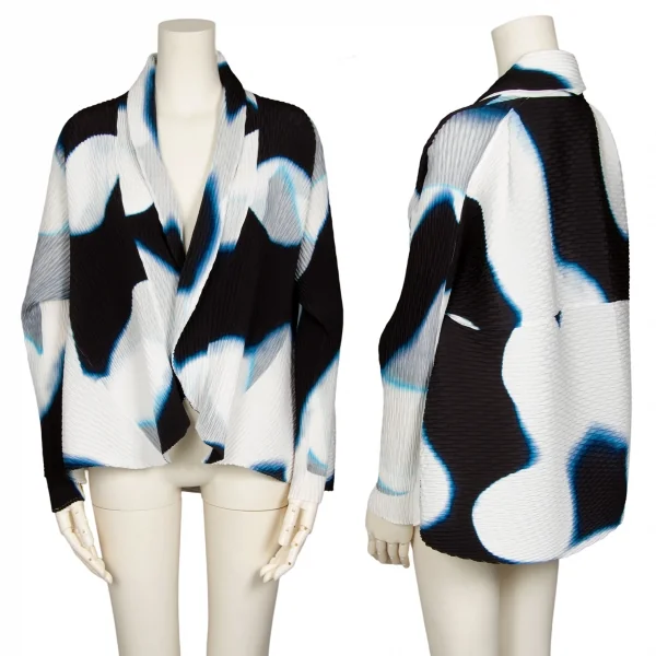 イッセイミヤケISSEY MIYAKE ぼかしプリントプリーツショートジャケット 白黒2 K-102231_001