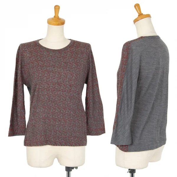 コムデギャルソンCOMME des GARCONS ウールフロント花柄7分袖ニットソー グレー赤M位 K-102282_001