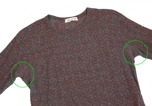 コムデギャルソンCOMME des GARCONS ウールフロント花柄7分袖ニットソー グレー赤M位 K-102282_003