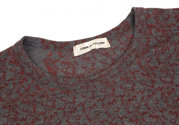 コムデギャルソンCOMME des GARCONS ウールフロント花柄7分袖ニットソー グレー赤M位 K-102282_006