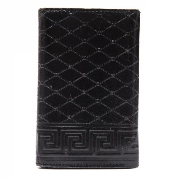 ヴェルサーチVERSACE ダイヤエンボスサンバーストグレカカードケース 黒ゴールド K-102336_002