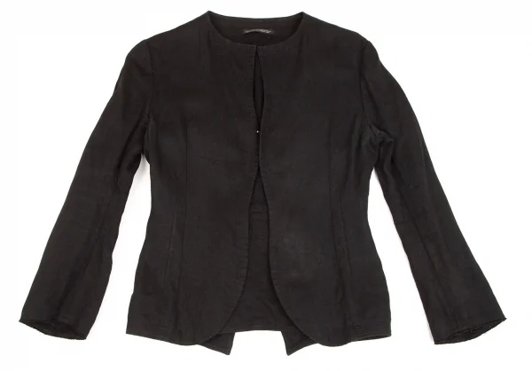 ヨウジヤマモト ファムYohji Yamamoto FEMME リネン裁ち切りデザインノーカラーホック留めジャケット 黒2 K-102351_002