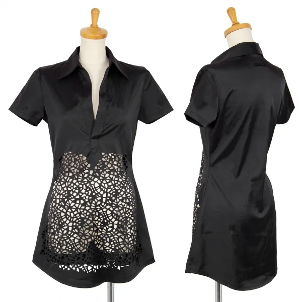 ジャンポールゴルチエ ファムJean Paul GAULTIER FEMME フロントカットワークプルオーバーストレッチ半袖シャツ 黒40 K-102502_001