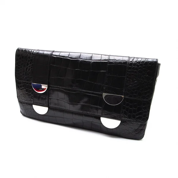 フルラFURLA クロコ型押しダブルフラップクラッチバッグ 黒 K-102504_001