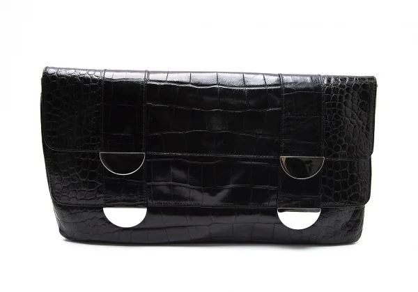 フルラFURLA クロコ型押しダブルフラップクラッチバッグ 黒 K-102504_002