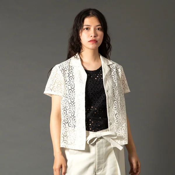 ローブドシャンブル コムデギャルソンrobe de chambre COMME des GARCONSコットンレース開襟半袖シャツ 白M K-102555_014