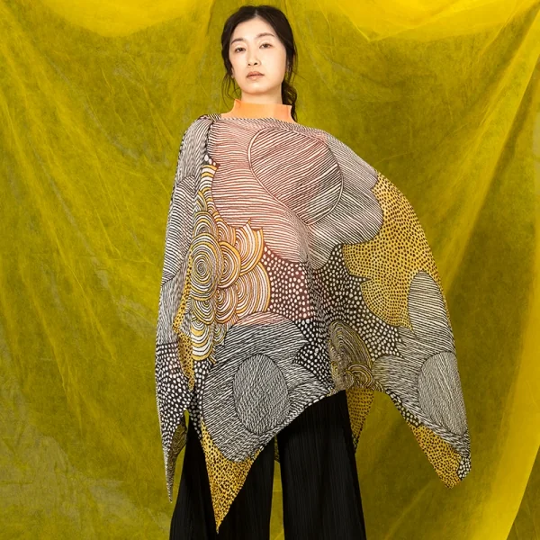 プリーツプリーズPLEATS PLEASE ネイティブプリントプリーツスクエアポンチョ 白黒黄F K-102618_012