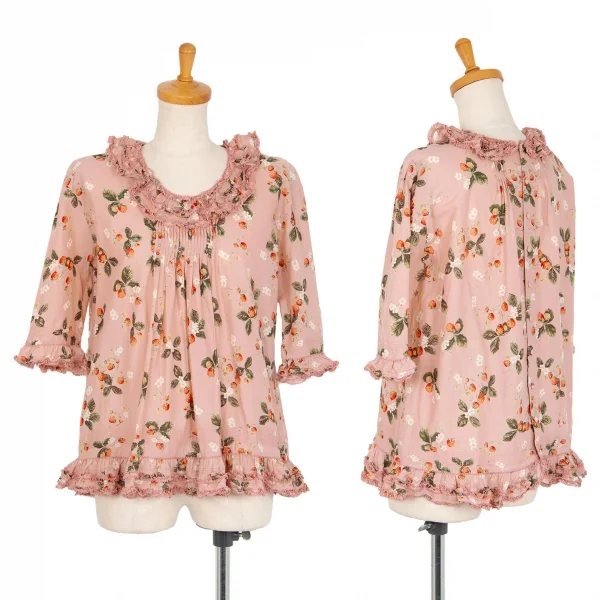 ワンダフルワールド カネコイサオWONDERFUL WORLD KANEKO ISAO ストロベリー総柄バックボタンフリルデザイン5分袖トップス 薄ピンクM位 K-102675_001