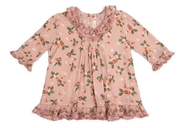 ワンダフルワールド カネコイサオWONDERFUL WORLD KANEKO ISAO ストロベリー総柄バックボタンフリルデザイン5分袖トップス 薄ピンクM位 K-102675_002