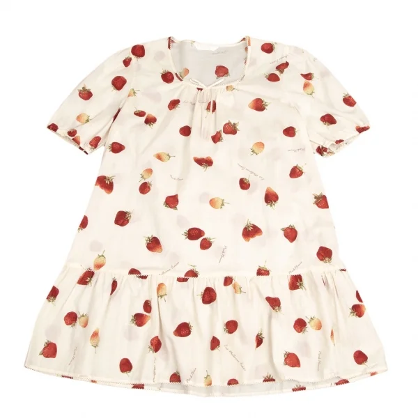 ピンクハウスPINK HOUSE ストロベリー総柄リボンデザイン半袖チュニックワンピース アイボリーM位 K-102679_002