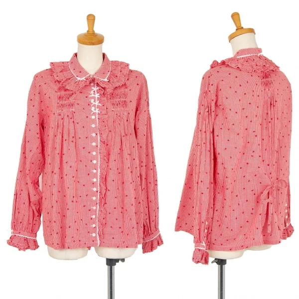 ピンクハウスPINK HOUSE 花柄ギンガムチェックフリルネックリボンデザインシャツ 赤白M位 K-102687_001