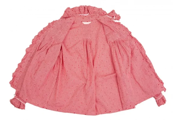 ピンクハウスPINK HOUSE 花柄ギンガムチェックフリルネックリボンデザインシャツ 赤白M位 K-102687_014