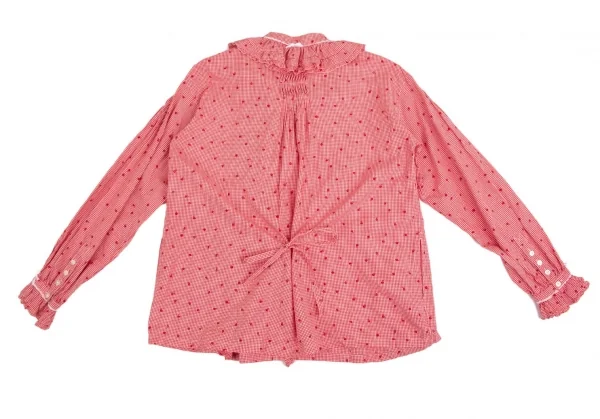 ピンクハウスPINK HOUSE 花柄ギンガムチェックフリルネックリボンデザインシャツ 赤白M位 K-102687_015