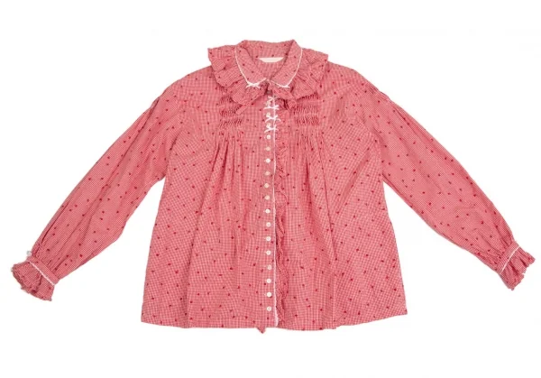 ピンクハウスPINK HOUSE 花柄ギンガムチェックフリルネックリボンデザインシャツ 赤白M位 K-102687_002