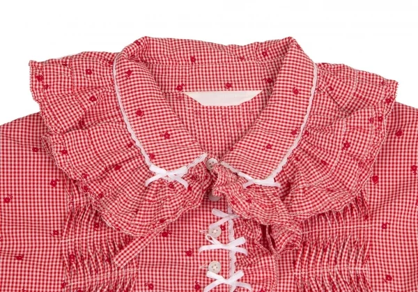 ピンクハウスPINK HOUSE 花柄ギンガムチェックフリルネックリボンデザインシャツ 赤白M位 K-102687_003