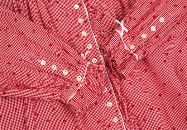 ピンクハウスPINK HOUSE 花柄ギンガムチェックフリルネックリボンデザインシャツ 赤白M位 K-102687_006