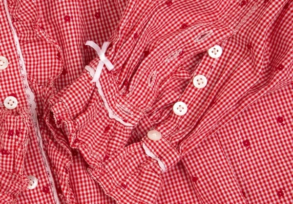 ピンクハウスPINK HOUSE 花柄ギンガムチェックフリルネックリボンデザインシャツ 赤白M位 K-102687_007