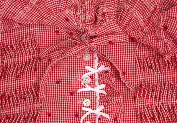 ピンクハウスPINK HOUSE 花柄ギンガムチェックフリルネックリボンデザインシャツ 赤白M位 K-102687_009