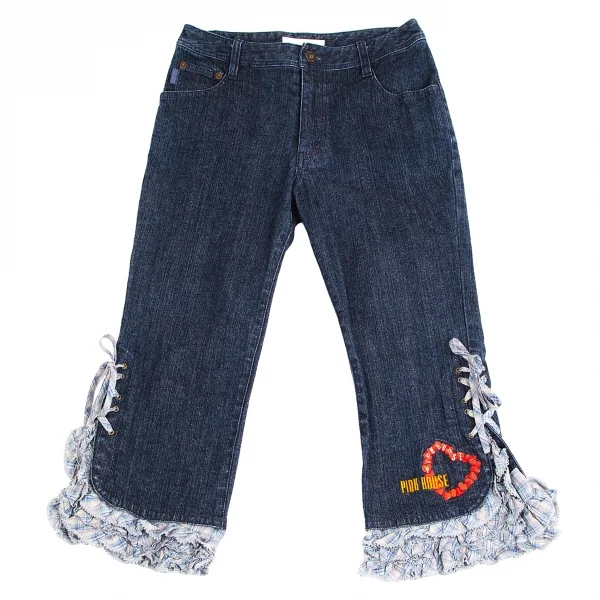 ピンクハウスPINK HOUSE ロゴ刺繍裾フリルレースアップクロップドデニムパンツ インディゴM K-102690_001