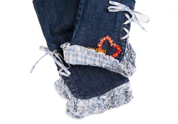 ピンクハウスPINK HOUSE ロゴ刺繍裾フリルレースアップクロップドデニムパンツ インディゴM K-102690_011