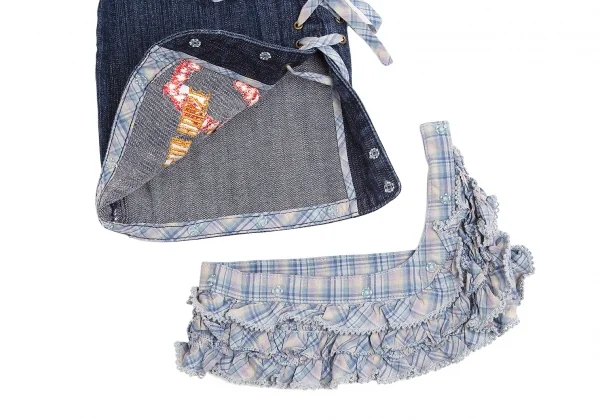 ピンクハウスPINK HOUSE ロゴ刺繍裾フリルレースアップクロップドデニムパンツ インディゴM K-102690_012