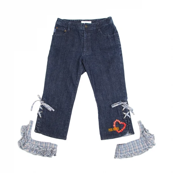 ピンクハウスPINK HOUSE ロゴ刺繍裾フリルレースアップクロップドデニムパンツ インディゴM K-102690_014