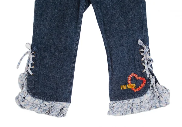 ピンクハウスPINK HOUSE ロゴ刺繍裾フリルレースアップクロップドデニムパンツ インディゴM K-102690_006