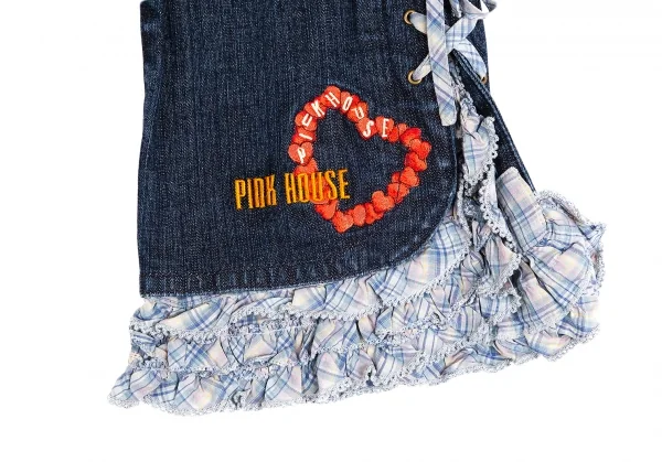 ピンクハウスPINK HOUSE ロゴ刺繍裾フリルレースアップクロップドデニムパンツ インディゴM K-102690_007