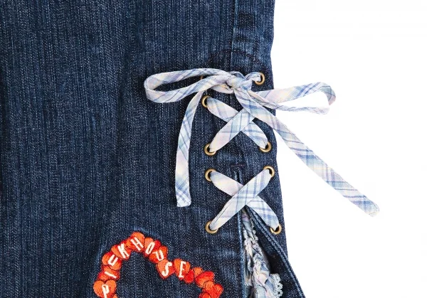 ピンクハウスPINK HOUSE ロゴ刺繍裾フリルレースアップクロップドデニムパンツ インディゴM K-102690_008