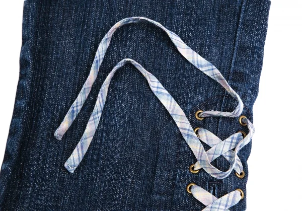 ピンクハウスPINK HOUSE ロゴ刺繍裾フリルレースアップクロップドデニムパンツ インディゴM K-102690_009